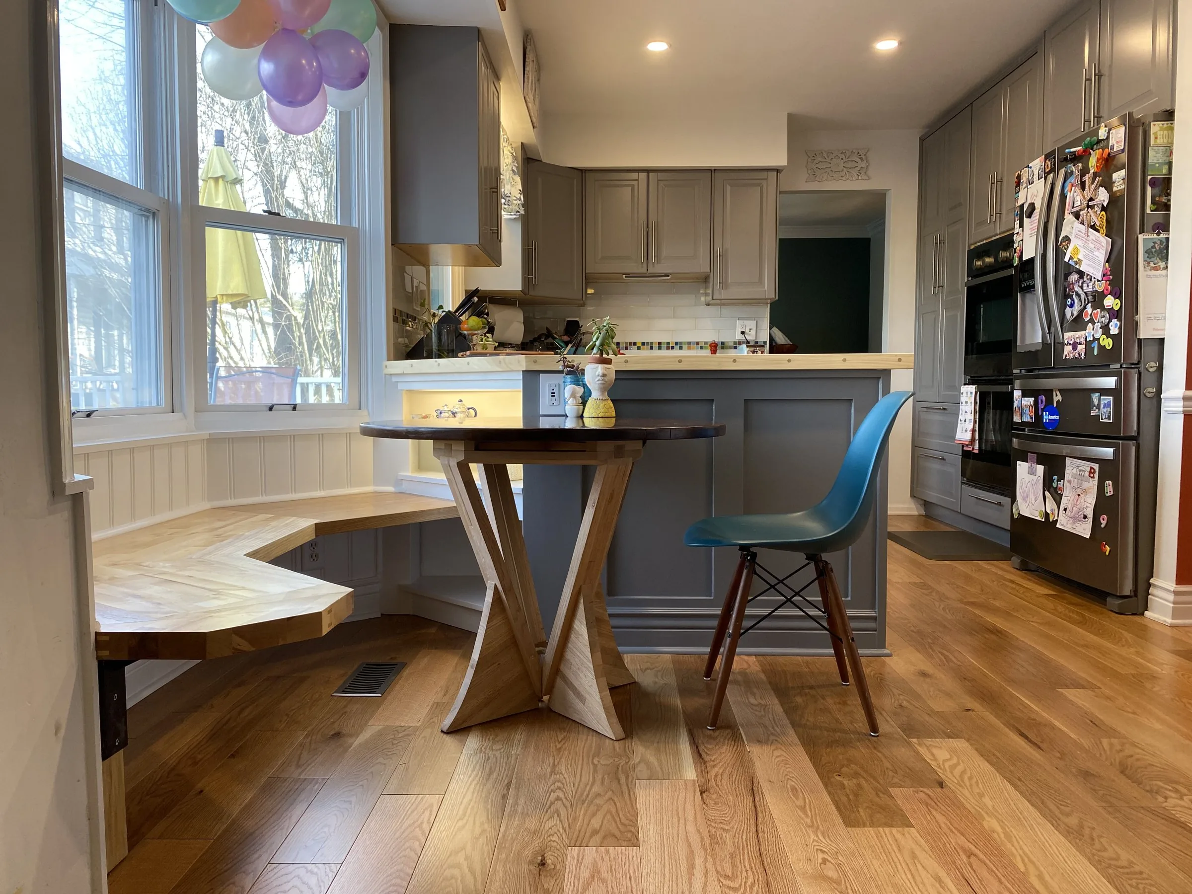 Kitchen island, bench and table