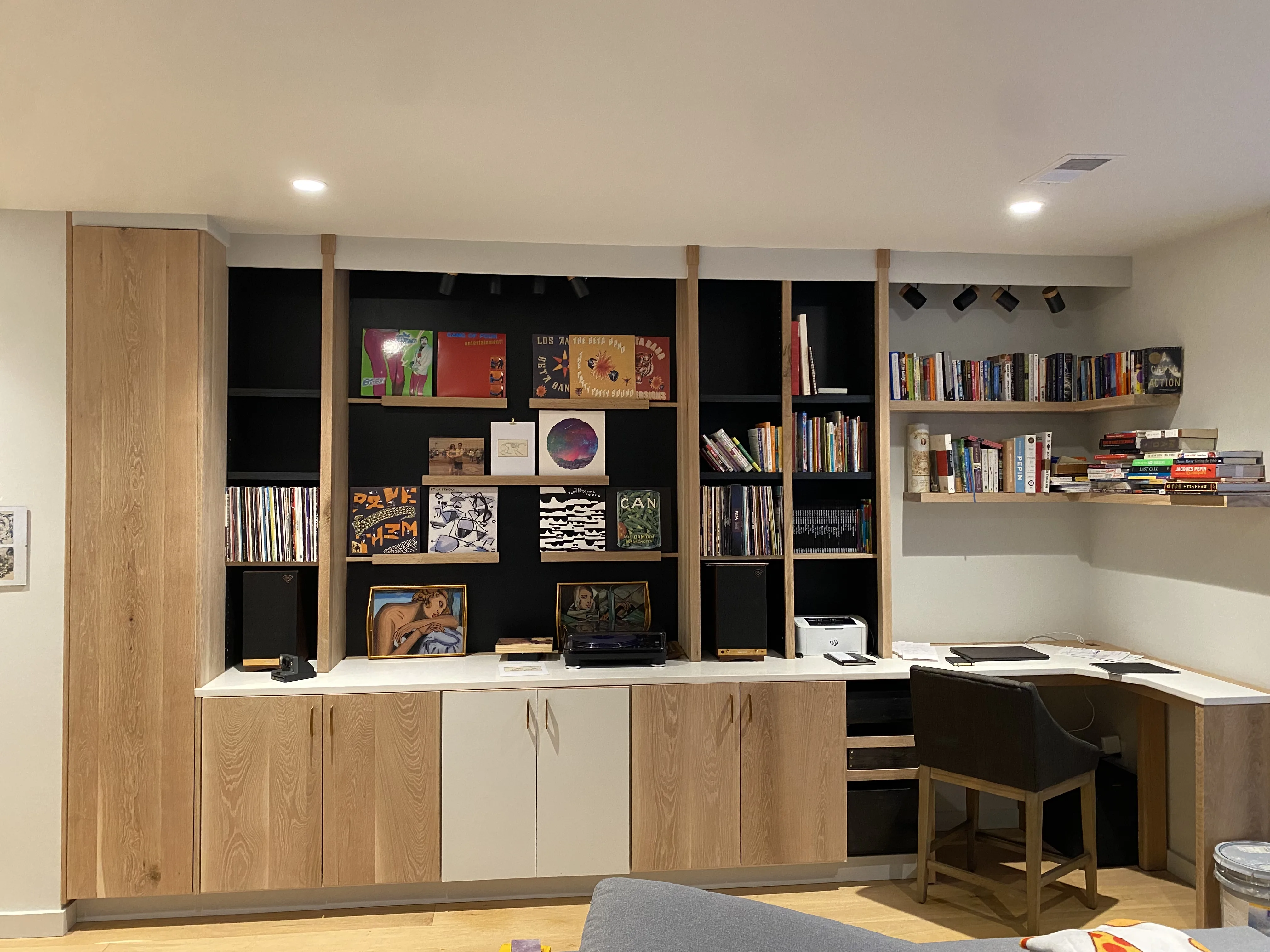 White oak record wall and desk, Capitol Hill residence