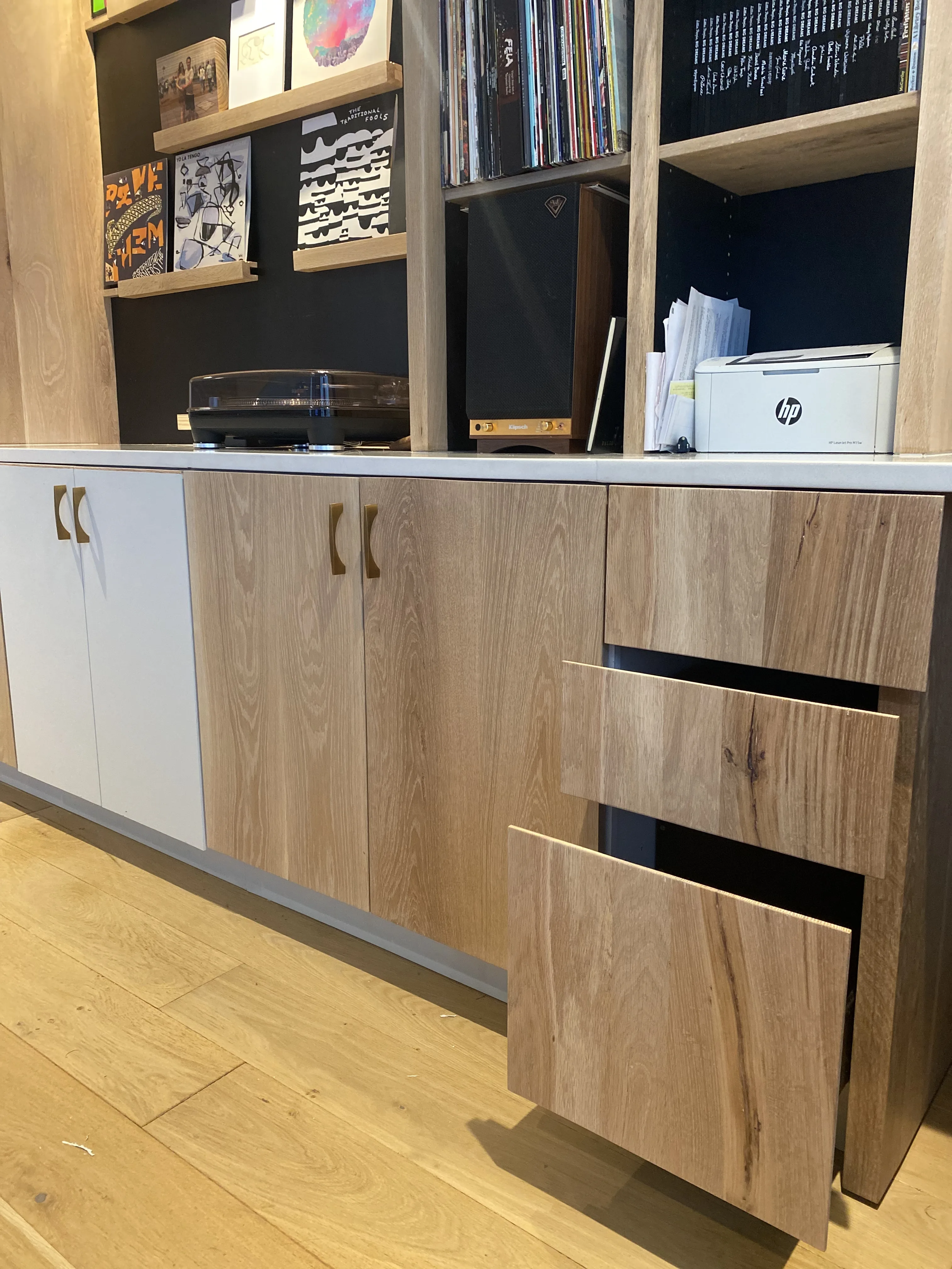Oak doors and a file drawer under the worktop