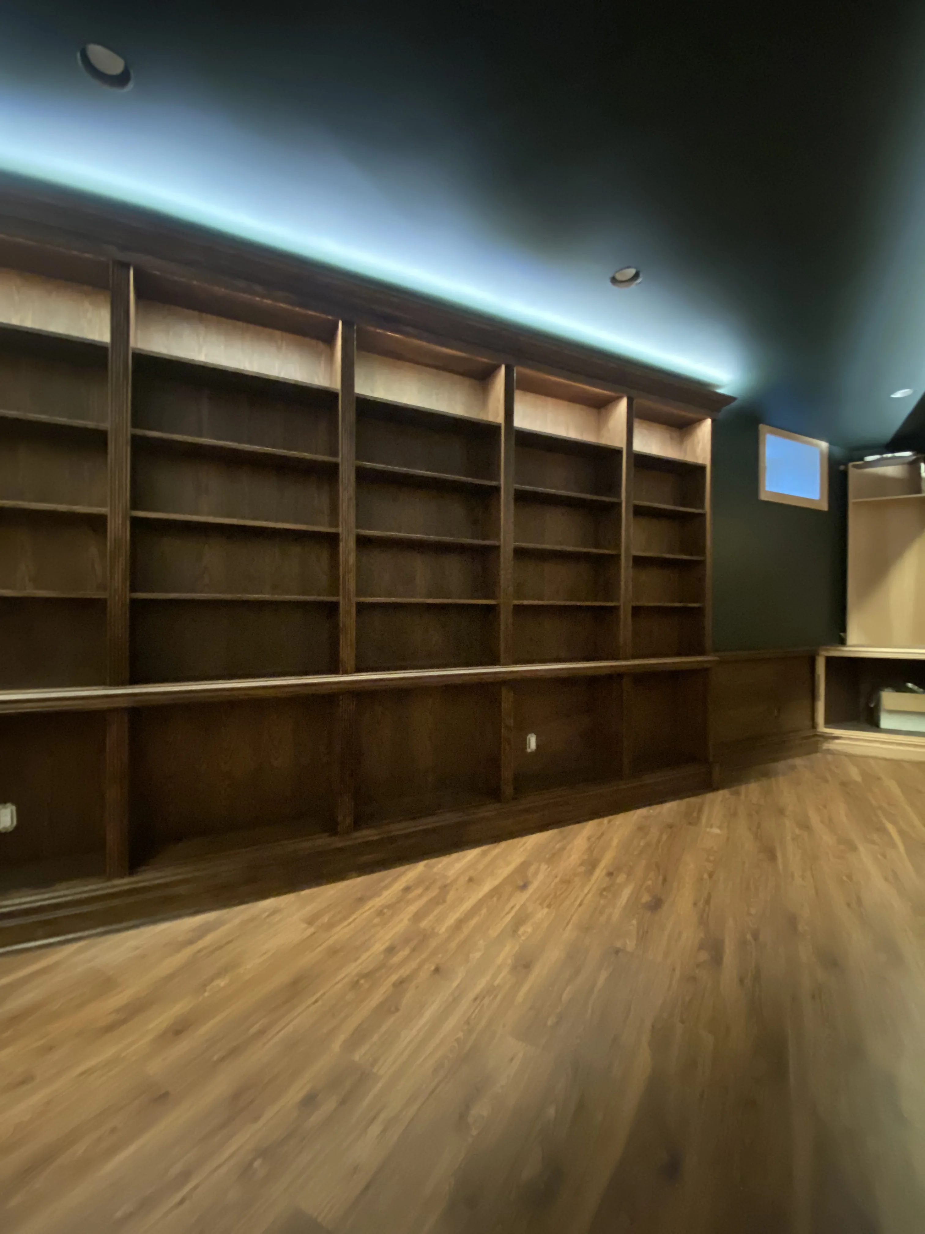 Stained built-in bookshelves with small monitor